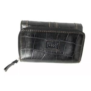 Fossil Wallet Leather Croc Embossed Snap Tri-Fold Zip Credit Card Slots Black